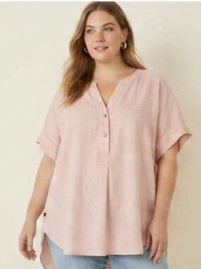 Denim & Co Women's Size 2X Linen Blend Pastel Pink Short Sleeve High Low Tunic